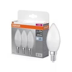   OSRAM Base LED fényforrás (izzó) gyertya forma, matt plasztik búra, E14 foglalat, 4,9W, 470lm, 4000K semleges fehér 3db-os csomag ( 4058075429680 )