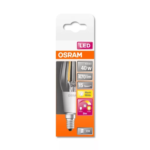 OSRAM Star+ GLOWdim LED fényforrás (izzó) gyertya forma, E14 foglalat, 4,5 W, 470lm, 2700K állítható meleg fehér ( 4058075435490 )