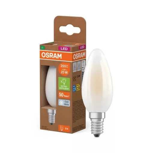 OSRAM Superstar+ LED fényforrás (izzó) gyertya forma, matt plasztik búra, E14 foglalat, 1,2W, 255lm, 4000K semleges fehér ( 4058075839281 )