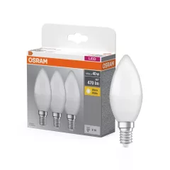   OSRAM Base LED fényforrás (izzó) gyertya forma, matt plasztik búra, E14 foglalat, 4,9W, 470lm, 2700K meleg fehér 3db-os csomag ( 4099854047091 )