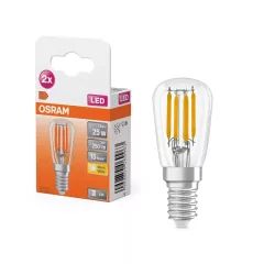   OSRAM T26 LED hűtőszekrény világító fényforrás (izzó), átlátszó üveg búra, E14 foglalat, 2,8W, 250lm, 2700K meleg fehér 2db-os csomag ( 4099854069963 )