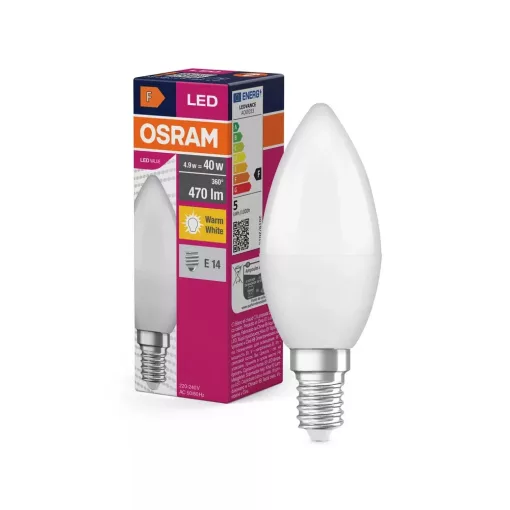 OSRAM Value LED fényforrás (izzó) gyertya forma, matt plasztik búra, E14 foglalat, 4,9W, 470lm, 2700K meleg fehér ( 4099854110030 )