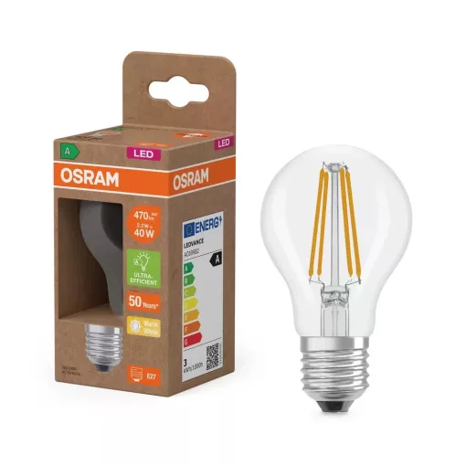OSRAM Superstar+ LED fényforrás (izzó), classic forma, átlátszó üveg búra, E27 foglalat, 2,2W, 470lm, 2700K meleg fehér filament ( 4099854236129 )