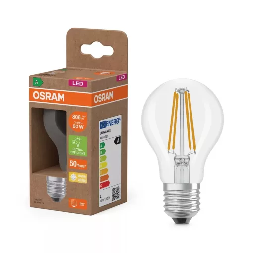 OSRAM Superstar+ LED fényforrás (izzó), classic forma, átlátszó üveg búra, E27 foglalat, 3,8W, 806lm, 2700K meleg fehér filament ( 4099854236754 )