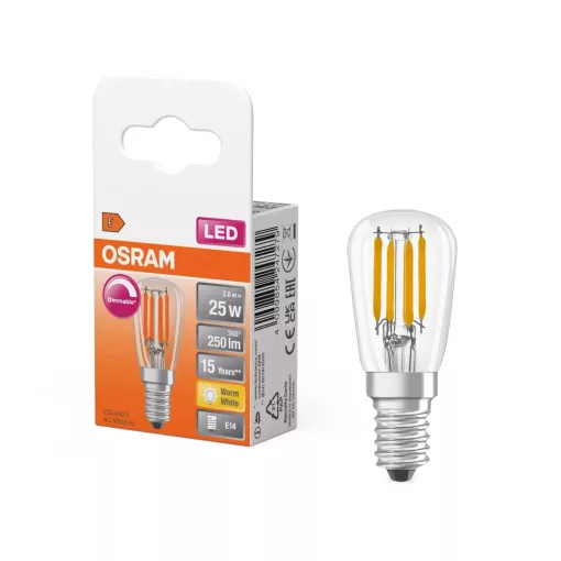 OSRAM T26 dimmelhető LED hűtőszekrény világító fényforrás (izzó), átlátszó üveg búra, E14 foglalat, 2,8W, 250lm, 2700K meleg fehér ( 4099854247279 )