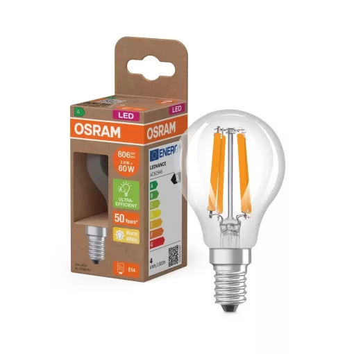 OSRAM Superstar+ LED fényforrás (izzó) kisgömb forma, átlátszó üveg búra, E14 foglalat, 3,8W, 806lm, 2700K meleg fehér ( 4099854255229 )