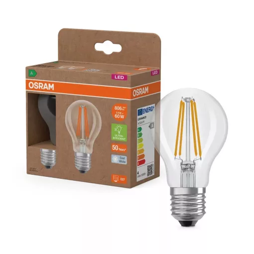 OSRAM Superstar+ LED fényforrás (izzó), classic forma, átlátszó üveg búra, E27 foglalat, 3,8W, 806lm, 4000K semleges fehér filament 2db-os csomag ( 4099854259753 )
