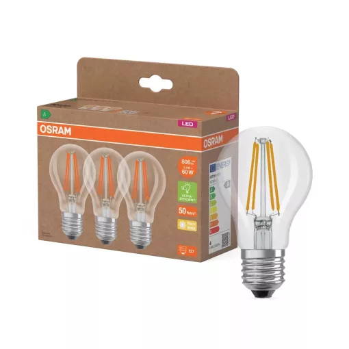 OSRAM Superstar+ LED fényforrás (izzó), classic forma, átlátszó üveg búra, E27 foglalat, 3,8W, 806lm, 2700K meleg fehér filament 3db-os csomag ( 4099854338601 )
