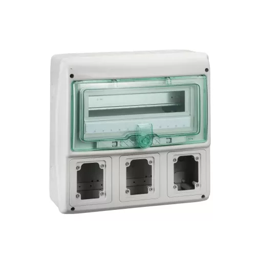 Schneider 13180 Kaedra vízálló kiselosztók 13 modul, 1 sor, 3 db 90x100 mm-es níylással, átlátszó zöld ajtóval, IP65, falon kívüli