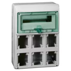   Schneider 13181 Kaedra vízálló kiselosztók 13 modul, 1 sor, 6 db 90x100 mm-es níylással, átlátszó zöld ajtóval, IP65, falon kívüli