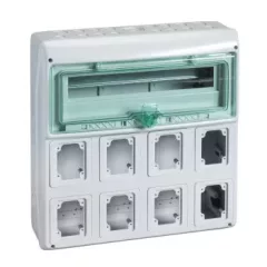   Schneider 13182 Kaedra vízálló kiselosztók 19 modul, 1 sor, 8 db 90x100 mm-es níylással, átlátszó zöld ajtóval, IP65, falon kívüli
