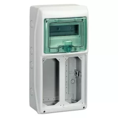   Schneider 13186 Kaedra vízálló kiselosztók 8 modul, 1 sor, 2 db 103x225 mm-es níylással, átlátszó zöld ajtóval, IP65, falon kívüli