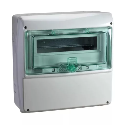 Schneider 13191 Kaedra vízálló kiselosztók 13 modul, 1 sor, átlátszó zöld ajtóval, sima kifúrandó felülettel, IP65, falon kívüli