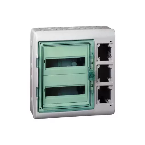 Schneider 13439 Kaedra vízálló kiselosztók 24 modul, 2 sor, 3 db 90x100 mm-es níylással, átlátszó zöld ajtóval, IP65, falon kívüli