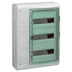   Schneider 13440 Kaedra vízálló kiselosztók 36 modul, 3 sor, 4 db 90x100 mm-es níylással, átlátszó zöld ajtóval, IP65, falon kívüli