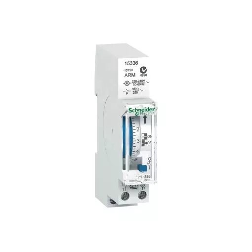 Schneider Electric, 15336, mechanikus napi kapcsolóóra, 1 csatorna 16A, 48 BE - 48 KI kapcsolási művelet, 100 óra menet-tartalék, Acti9 IH 24h 1c ARM (Schneider 15336)