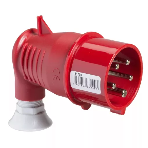 Schneider Electric, 81721, ipari csatlakozó lengő dugvilla 90°-os 5P (3P+N+F) 32A 6h, 400V 50/60 Hz, IP44, Dfh-324, piros, csavaros csatlakozás, PratiKa (Schneider 81721)