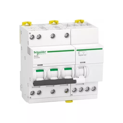 Schneider Electric ACTI9 ICV40N Áramvédős kismegszakító (Kombi Fi-relé) 3P+N, B karakterisztika 10A 30mA 6kA AC osztály ( A9DH3710 )