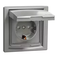   Schneider Electric Asfora EPH3100361 vízmentes földelt csatlakozóaljzat (dugalj), gyermekvédelemmel, csapófedéllel, 2P+F, aluminium burkolattal, kerettel, IP44, süllyesztett, 16A 250V ( EPH3100361 ).
