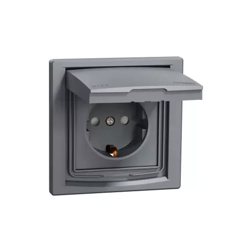 Schneider Electric Asfora EPH3100362 vízmentes földelt csatlakozóaljzat (dugalj), gyermekvédelemmel, csapófedéllel, 2P+F, acél burkolattal, kerettel, IP44, süllyesztett, 16A 250V ( EPH3100362 ).