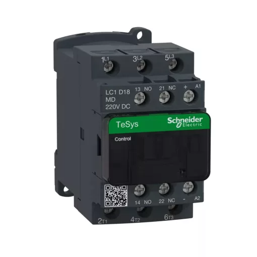Schneider Electric, TeSys D, LC1D18MD, Mágneskapcsoló, 7,5kW/18A (400V, AC3), 220V DC vezerlés, 1Z+1Ny, csavaros csatlakozás, TeSys D (Schneider LC1D18MD)