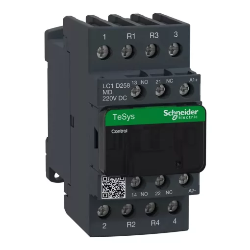 Schneider Electric, TeSys D, LC1D258MD, Mágneskapcsoló, 40A (400V, AC1), 4 pólus, 2 Záró + 2 Nyitó főérintkező, 220V DC vezerlés, csavaros csatlakozás, TeSys D (Schneider LC1D258MD)