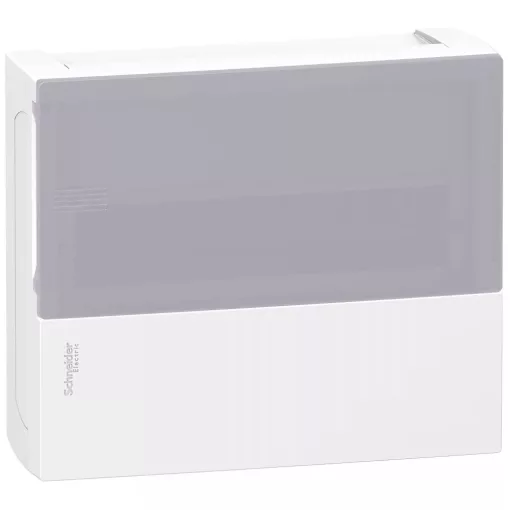 Schneider Electric MIP12112T Mini Pragma műanyag kiselosztó, 12 modul, 1 sor, IP40, tejüveghatású műanyag áttetsző ajtóval, falon kívüli