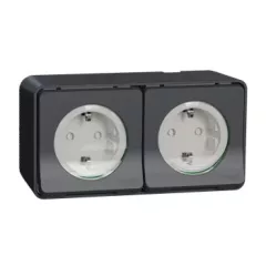   Schneider Electric Mureva Styl MUR36029 IP55 vízmentes földelt dupla csatlakozóaljzat (dugalj) gyermekvédelemmel, csapófedéllel, 2x2P+F, antracitszürke színben, komplett szerelvény, falon kívül, vízmentes (IP55) 16A 250 ( MUR36029 ).