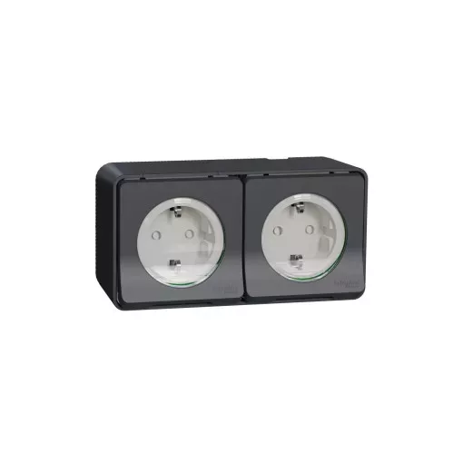Schneider Electric Mureva Styl MUR36029 IP55 vízmentes földelt dupla csatlakozóaljzat (dugalj) gyermekvédelemmel, csapófedéllel, 2x2P+F, antracitszürke színben, komplett szerelvény, falon kívül, vízmentes (IP55) 16A 250 ( MUR36029 ).