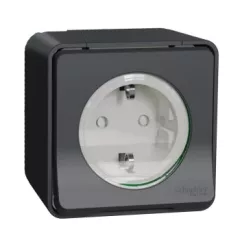   Schneider Electric Mureva Styl MUR36034 IP55 vízmentes földelt csatlakozóaljzat (dugalj) gyermekvédelemmel, csapófedéllel, 2P+F, antracitszürke színben, komplett szerelvény, falon kívül, vízmentes (IP55) 16A 250 ( MUR36034 ).