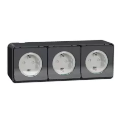   Schneider Electric Mureva Styl MUR36038 IP55 vízmentes földelt hármas csatlakozóaljzat (dugalj) gyermekvédelemmel, csapófedélell, 3x2P+F, antracitszürke színben, komplett szerelvény, falon kívül, vízmentes (IP55) 16A 250 ( MUR36038 ).