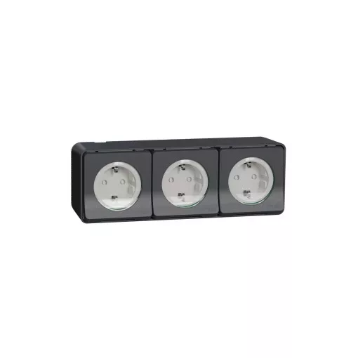 Schneider Electric Mureva Styl MUR36038 IP55 vízmentes földelt hármas csatlakozóaljzat (dugalj) gyermekvédelemmel, csapófedélell, 3x2P+F, antracitszürke színben, komplett szerelvény, falon kívül, vízmentes (IP55) 16A 250 ( MUR36038 ).