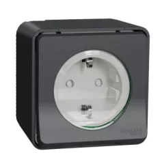   Schneider Electric Mureva Styl MUR36731 IP55 vízmentes földelt csatlakozóaljzat (dugalj) gyermekvédelemmel, csapófedéllel, 2P+F, antracitszürke színben, komplett szerelvény, falon kívül, vízmentes (IP55) 16A 250 ( MUR36731 ).