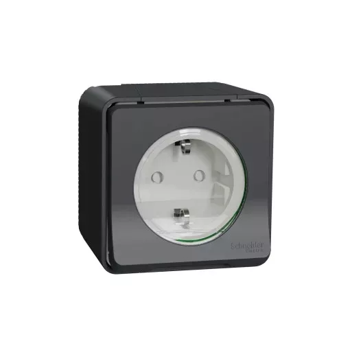 Schneider Electric Mureva Styl MUR36731 IP55 vízmentes földelt csatlakozóaljzat (dugalj) gyermekvédelemmel, csapófedéllel, 2P+F, antracitszürke színben, komplett szerelvény, falon kívül, vízmentes (IP55) 16A 250 ( MUR36731 ).