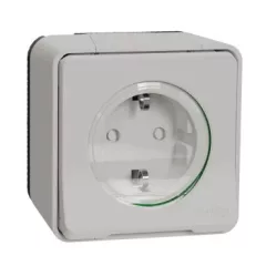   Schneider Electric Mureva Styl MUR39034 IP55 vízmentes földelt csatlakozóaljzat (dugalj) gyermekvédelemmel, csapófedéllel, 2P+F, polárfehér színben, komplett szerelvény, falon kívül, vízmentes (IP55) 16A 250 ( MUR39034 ).