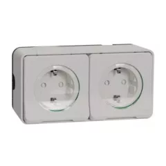   Schneider Electric Mureva Styl MUR39035 IP55 vízmentes földelt dupla csatlakozóaljzat (dugalj) gyermekvédelemmel, csapófedélell, 2x2P+F, polárfehér színben, komplett szerelvény, falon kívül, vízmentes (IP55) 16A 250 ( MUR39035 ).