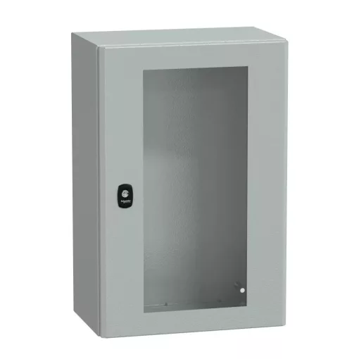 Schneider NSYS3D6425T Spacial S3D Falra szerelhető fém szekrény, Üvegezett ajtóval, 600x400x250, IP66, szerelőlap nélkül