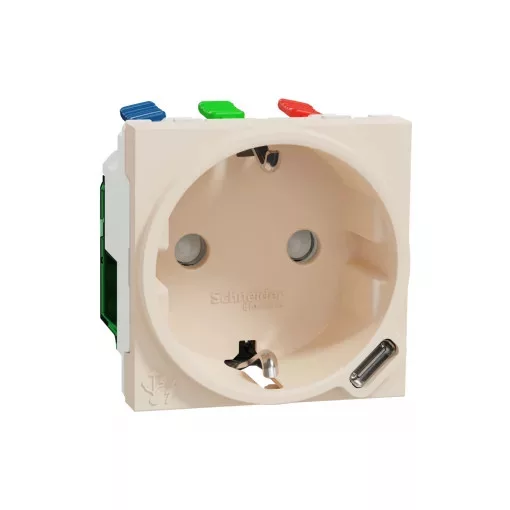 Schneider Electric NU301744 UNICA SYSTEM+ 2P+F csatlakozóaljzat USB C töltővel, biztonsági zsaluval, rugós, 16A /2.1A, bézs