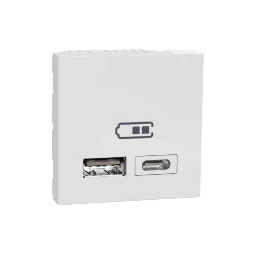 Schneider Electric NU301818 UNICA SYSTEM+ Dupla USB töltő, A+C, 2.1A, fehér
