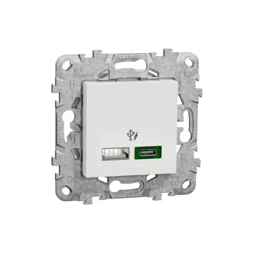 Schneider Electric NU501318 UNICA SYSTEM+ Dupla USB gyorstöltő, A+C, 45W, rögzítőkerettel, fehér