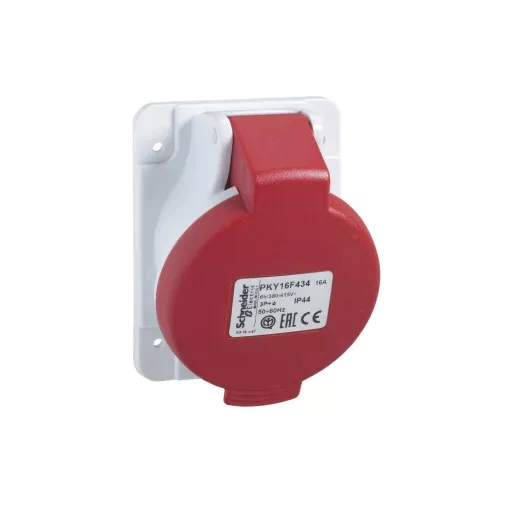 Schneider Electric, PKY16F434, ipari csatlakozó beépíthető dugalj ferde 4P (3P+F) 16A 6h, 400V 50/60 Hz, IP44, Dafb-163, piros, rugós csatlakozás, PratiKa (Schneider PKY16F434)