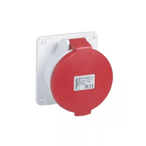 Schneider Electric, PKY32G435, ipari csatlakozó beépíthető dugalj egyenes 5P (3P+N+F) 32A 6h, 400V 50/60 Hz, IP44, Dafb-324, piros, rugós csatlakozás, PratiKa (Schneider PKY32G435)