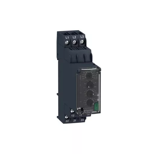 Schneider RM22TR33 Zelio Control háromfázisú fázis- és feszültségfigyelő relé, be- és kikapcsolás késleltetővel, 2CO, 8A, 380…480VAC