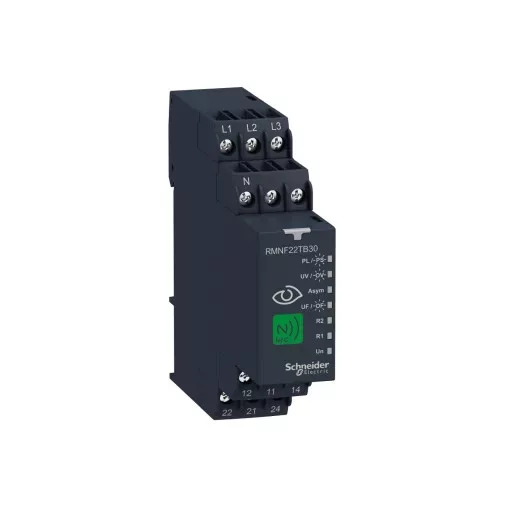 Schneider RMNF22TB30 Zelio Control háromfázisú fázis- és feszültségfigyelő relé, NFC, 2CO, 8A, multifunkciós, ki- és bekapcsolás késlelt.
