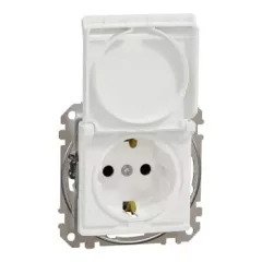   Schneider Electric SDD111024 földelt csatlakozóaljzat (dugalj), biztonsági zsaluval (gyermekvédelemmel), csapófedéllel, 2P+F, fehér burkolattal, rugós bekötés, keret nélkül, süllyesztett, 16A 250V IP20 (Sedna Design / Elements)
