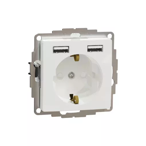 Schneider Electric SDD111052 2P+F csatlakozóaljzat biztonsági zsaluval (gyermekvédelemmel), dupla A+A USB töltővel, fehér burkolattal, keret nélkül, 16A 250V AC, rugós bekötés (Sedna Design / Elements)