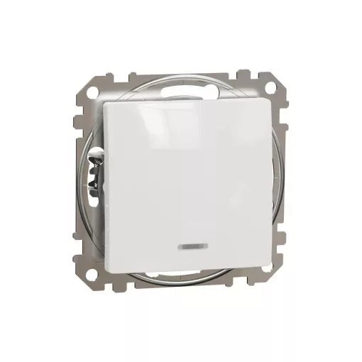 Schneider Electric SDD111111L egypólusú nyomó (N101), fehér burkolattal, kék jelzőfénnyel, rugós bekötés, kerét nélkül, süllyesztett, 10A 250V IP20 (Sedna Design / Elements)