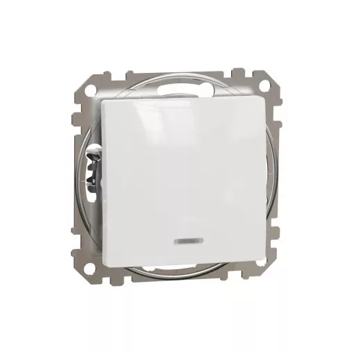 Schneider Electric SDD111116L váltóérintkezős nyomó (N106), fehér burkolattal, kék jelzőfénnyel, rugós bekötés, kerét nélkül, süllyesztett, 10A 250V IP20 (Sedna Design / Elements)