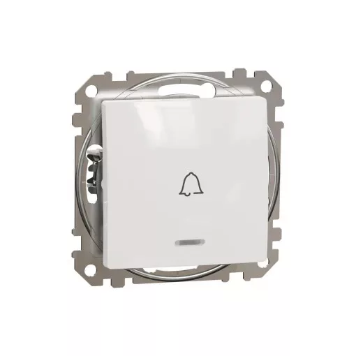 Schneider Electric SDD111131L egypólusú nyomó (N101), fehér burkolattal, kék jelzőfénnyel, csengőjellel, rugós bekötés, kerét nélkül, süllyesztett, 10A 250V IP20 (Sedna Design / Elements)