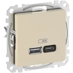   Schneider Electric SDD112404 Dupla USB töltő A+C típusú 3A - 45W, bézs burkolattal, keret nélkül, csavaros bekötés (Sedna Design / Elements)